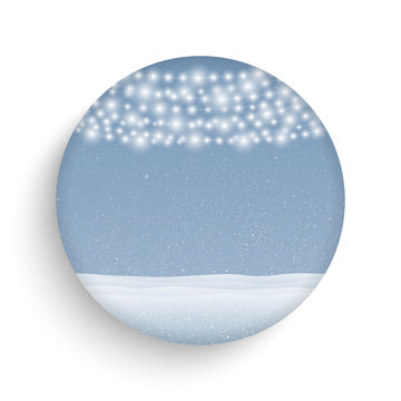 Garlands, falling snow. Vector round glass frame.