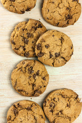 Closeup of chocolate chips cookies, shot from above