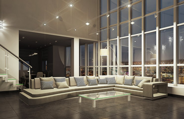 Современный интерьер гостиной в пентхаусе ночной вид 3d rendering