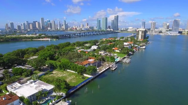 Aerial video Venetian Islands and Downtown Miami