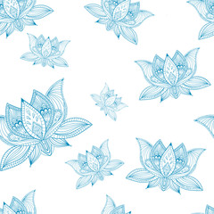 Fototapeta na wymiar Floral vintage seamless pattern with lotus flowers
