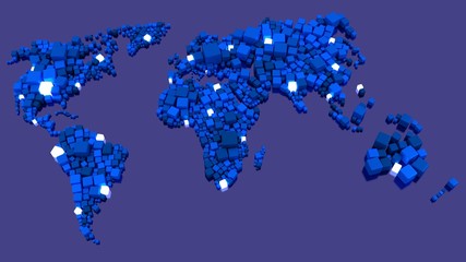 Fototapeta na wymiar World map of cubes with glowing data nodes