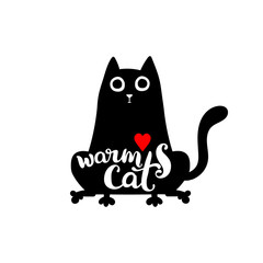 Warm cat. Lettering. Black cat in black mug. Red heart. Isolated vector object on white background.