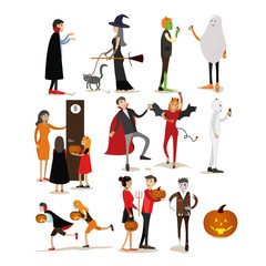 Happy halloween holiday party characters isolated on white background. Vector illustration in flat style. Design elements and icons