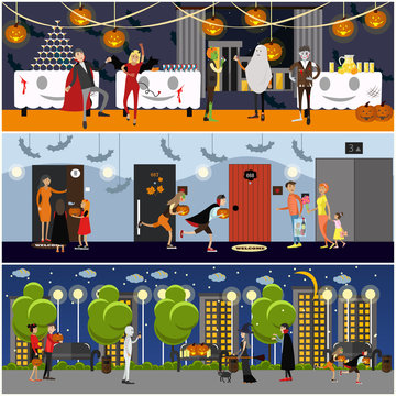 Happy halloween holiday party concept posters. Vector illustration in flat style design