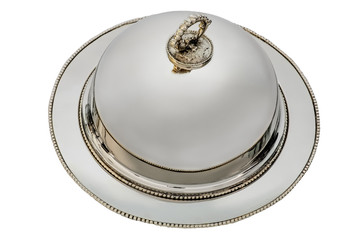 Retro metal dish with cover. Top view.