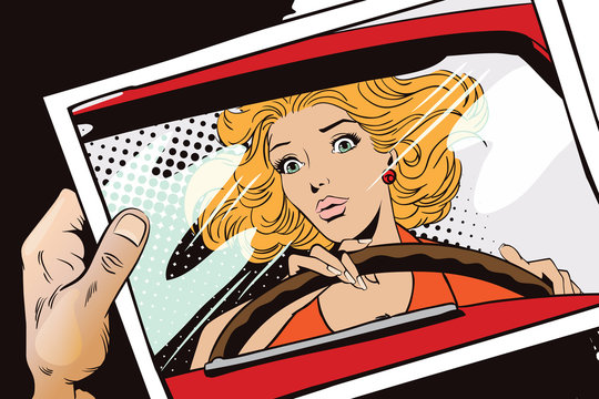 People in retro style. Frightened woman driving a car.