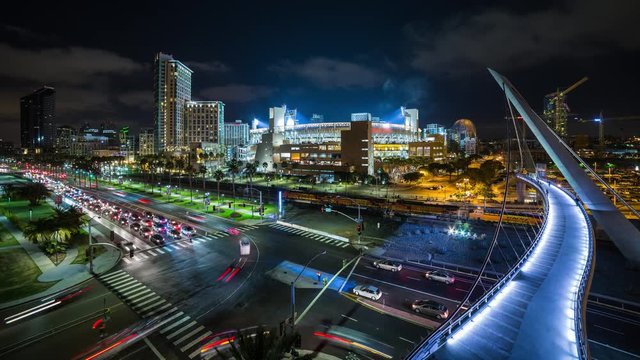 Downtown San Diego and Baseball Stadium Night Timelapse With Freight Train and Trolley