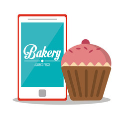 Muffin and smartphone icon. Bakery breakfast food and menu theme. Colorful and isolated design. Vector illustration