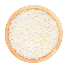 top view of rice in wooden bowl isolated on white