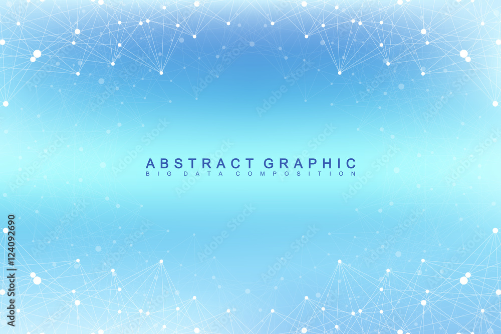 Poster Graphic abstract background communication. Big data visualization. Perspective backdrop with connected lines and dots. Social networking. Illusion of depth. Vector illustration.