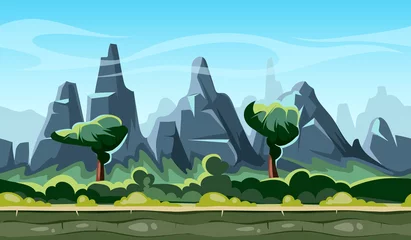 Poster Cartoon nature landscape with trees and mountains © MicroOne
