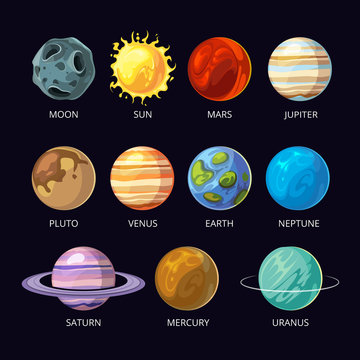Planets of solar system vector cartoon set on dark sky space background