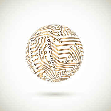 Vector golden circuit board globe. Information technology logo. Global network concept