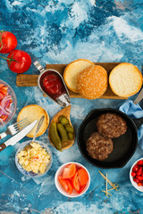 Ingredients for homemade tasty burgers. Top view
