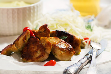 Roasted chicken steaks with vegetable salad