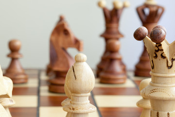 closeup of chess pieces on chessboard..