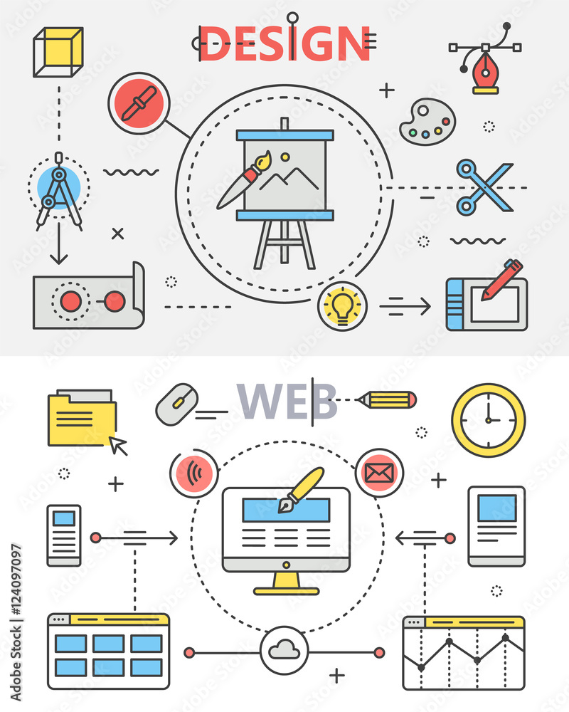 Aufkleber design and web development flat thin line banners. vector concept elements, icons
