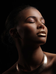 Fashion studio portrait of an extraordinary beautiful nude african american model with perfect...