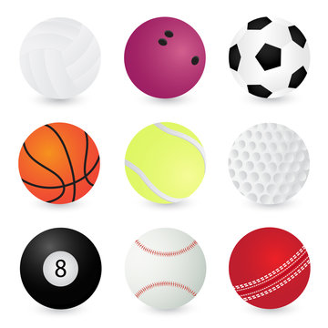 Sport Balls volleyball, bowling, soccer, basketball, tennis, golf, pool, baseball, cricket