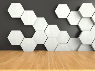 Wooden floor with white hexagons pattern on dark wall background, 3D rendering