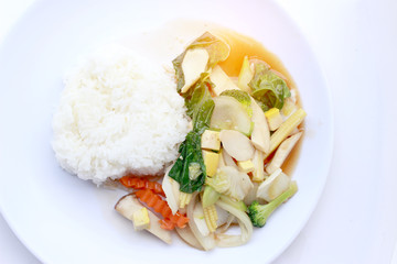 Stir Fried Tofu in Chinese Style,Deep Fried Tofu with Gravy Sauce ,Stir fried tofu with mixed vegetables in white plate on white background. Vegetarian Food, healthy food.