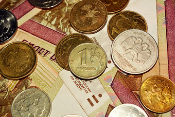 coins on banknotes Rubles