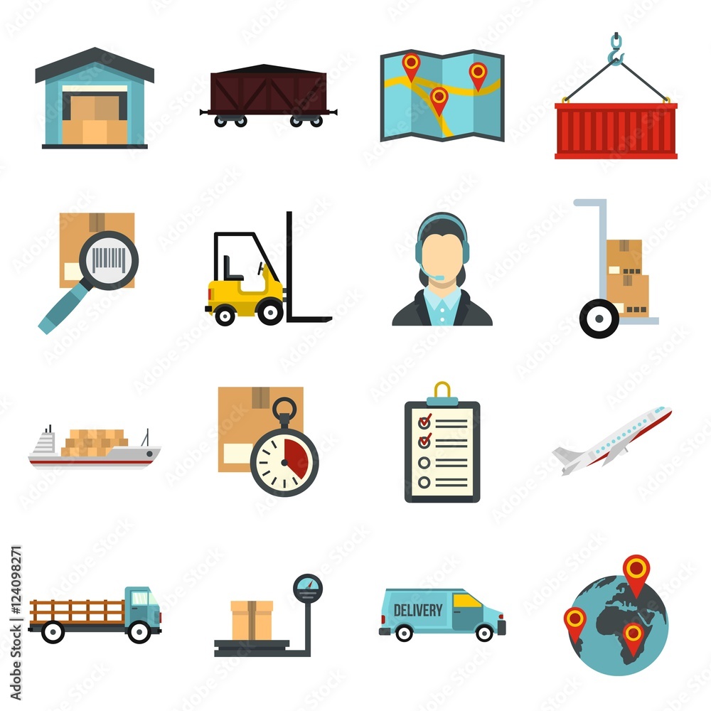 Poster logistic icons set. flat illustration of 16 logistic vector icons for web