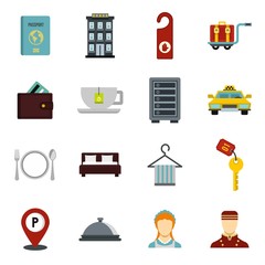 Hotel icons set. Flat illustration of 16 hotel vector icons for web