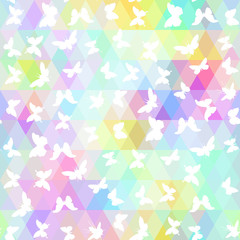 Obraz premium set butterflies, cicada with colored rhombus. Geometric background. Seamless pattern black rainbow green purple blue yellow background, colorful psychedelic geometric mosaic ornament triangle. Vector