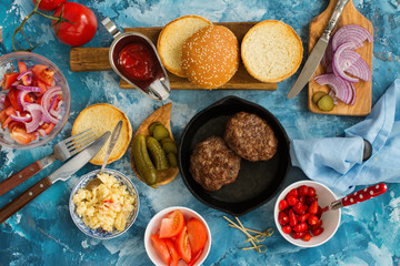 Ingredients for homemade tasty burgers. Top view