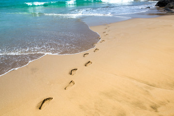 footprints in the sand, leading to the sea