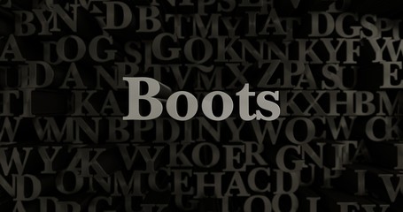 Boots - 3D rendered metallic typeset headline illustration.  Can be used for an online banner ad or a print postcard.