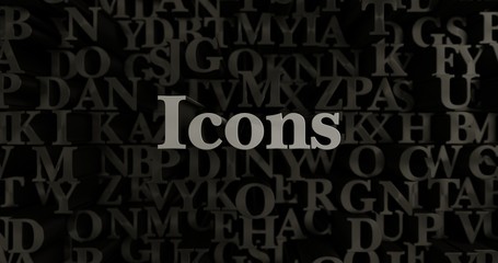 Icons - 3D rendered metallic typeset headline illustration.  Can be used for an online banner ad or a print postcard.