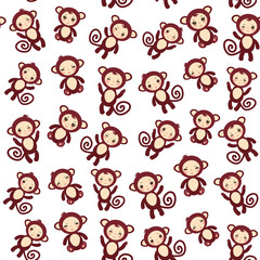 seamless pattern with funny brown monkey boys and girls on white background. Vector