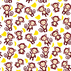seamless pattern with funny brown monkey, yellow bananas, boys and girls on white background. Vector