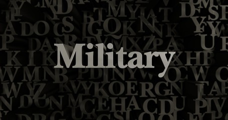 Military - 3D rendered metallic typeset headline illustration.  Can be used for an online banner ad or a print postcard.