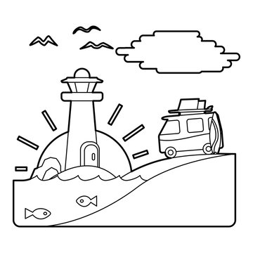 Holiday on car by sea concept. Outline illustration of holiday on car by sea vector concept for web