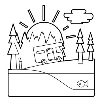 Trip by camper in forest concept. Outline illustration of trip by camper in forest vector concept for web