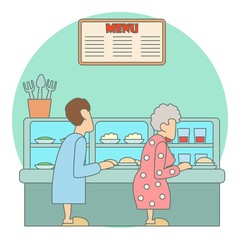 Queue in canteen for food concept. Flat illustration of queue in canteen for food vector concept for web