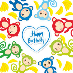 happy birthday card template, funny green blue pink orange monkey, yellow bananas, boys and girls on white background. Vector