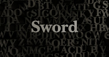 Sword - 3D rendered metallic typeset headline illustration.  Can be used for an online banner ad or a print postcard.