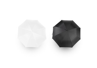 Black and white umbrella mockups, isolated, top view, clipping path. Parasol surface design mock up set. Plain bumbershot shape template. Clear opened umbel from above. Gingham accessory blanding atop