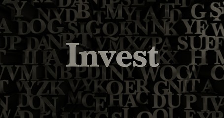Invest - 3D rendered metallic typeset headline illustration.  Can be used for an online banner ad or a print postcard.