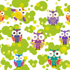 Seamless pattern - bright colorful owls and green leaves on white background. Vector
