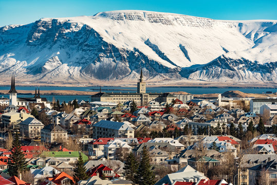 panoramic view of reykjavik at wintertime, iceland