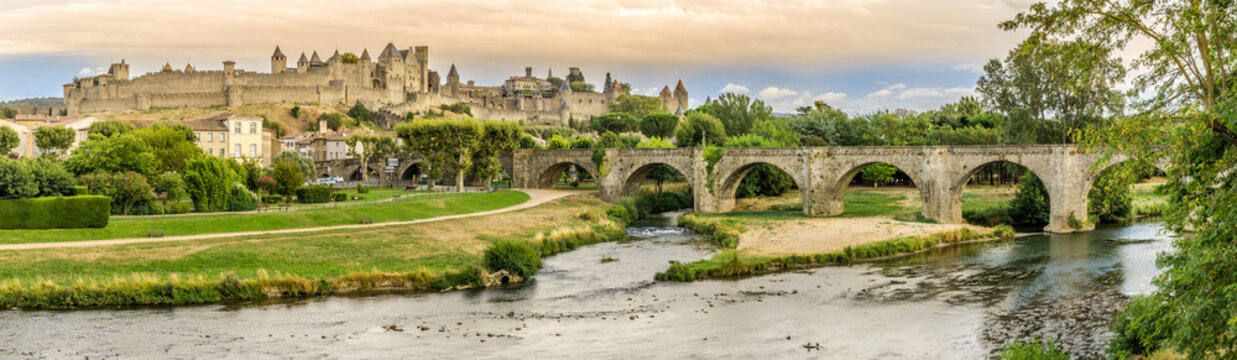 Panoramic view at the Old City of Carcassonne with Old Bridge over L Aude river - France