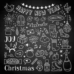Hand drawn Christmas and New Year doodles. Cute winter icons, Happy Christmas vector illustrations. Holiday drawings