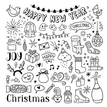 Hand drawn Christmas and New Year doodles. Cute winter icons, Happy Christmas vector illustrations. Holiday drawings