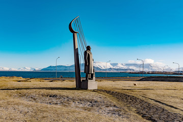 statue of Einar Benediktsson by Asmundur Sveinsson at hofdi house, Iceland at morning of MARCH 24, 2016. Residence of poet and businessman Einar Benediktsson